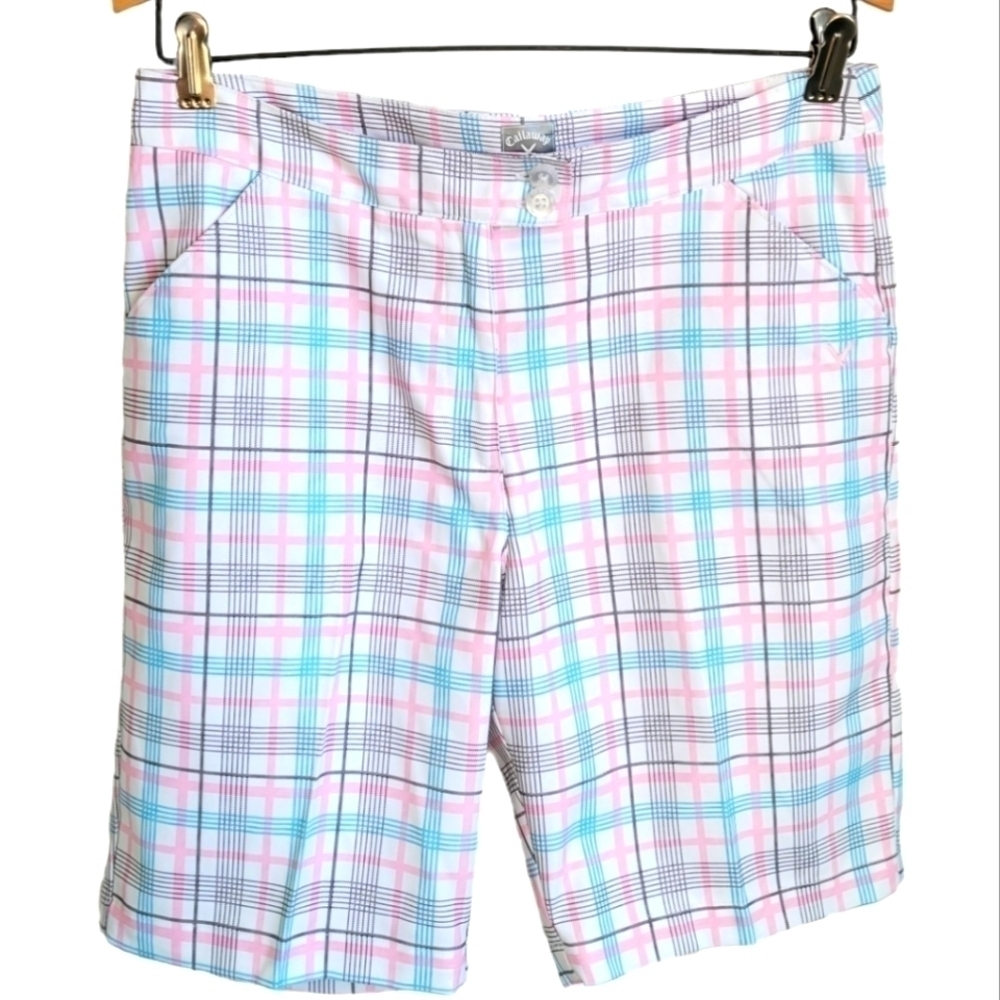 Callaway opti-dri women's plaid flat front golf shorts, size 6